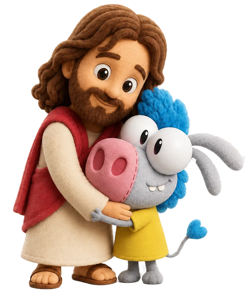 Jesus abraçando o Jujumentinho com carinho